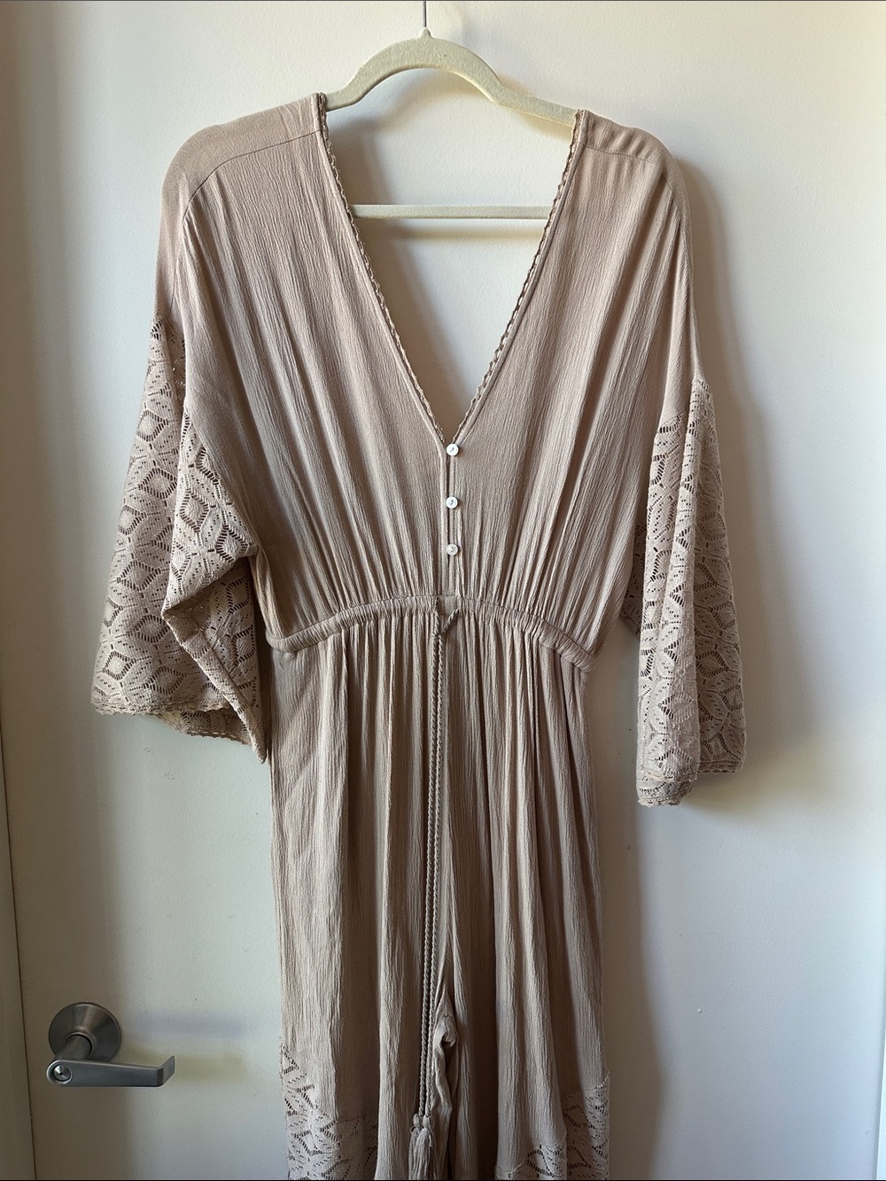 Boho V-Neck Crochet Sleeve Jumpsuit in Taupe